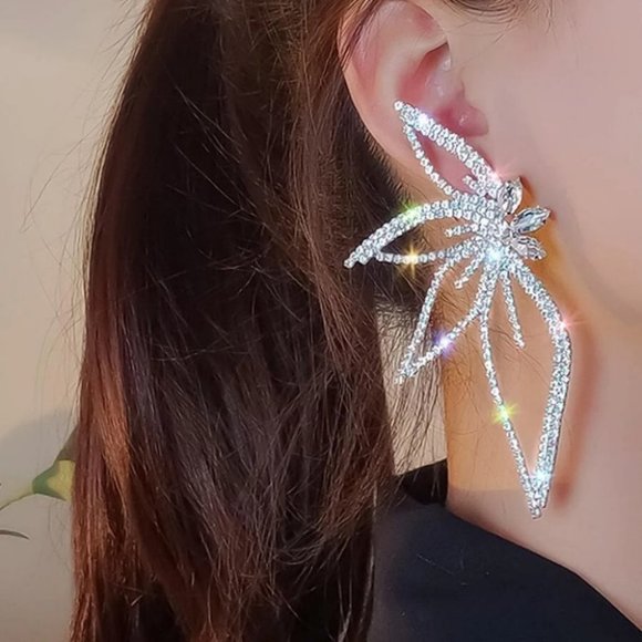 Silver Rhinestone Leaf Design Studded Earrings - Picture 1 of 12